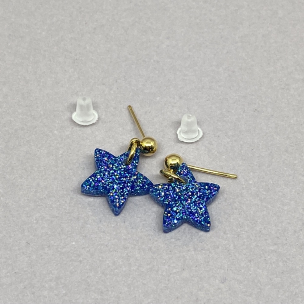 Handmade Star Glitter Earrings Blue Gold Plated NEW